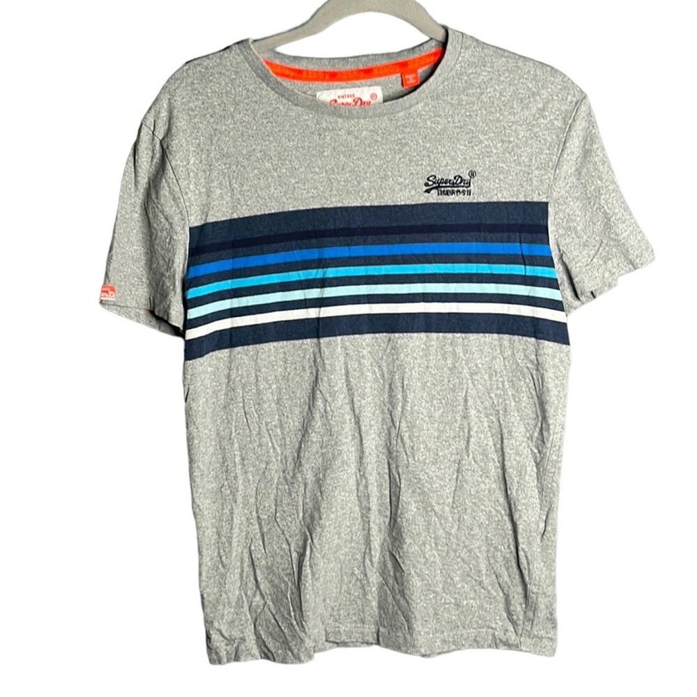 Boys Vintage Super Dry Gray With Blue Stripes Short Sleeve T Shirt Size XS